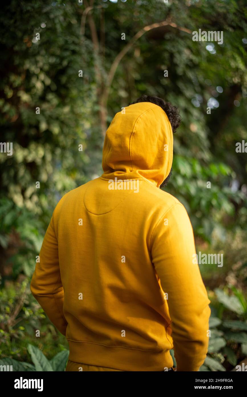 Hübsches männliches Modell in einem öffentlichen Park, indisches männliches Modell mit grünem Hintergrund Stockfoto