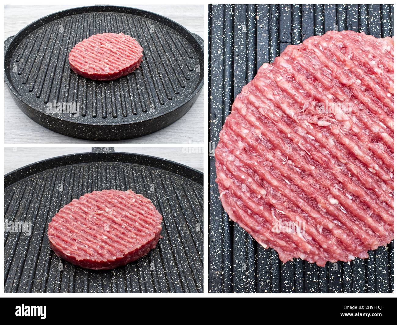 Collage Essen von frischem rohem Rindfleisch Burger auf dem Grill Stockfoto