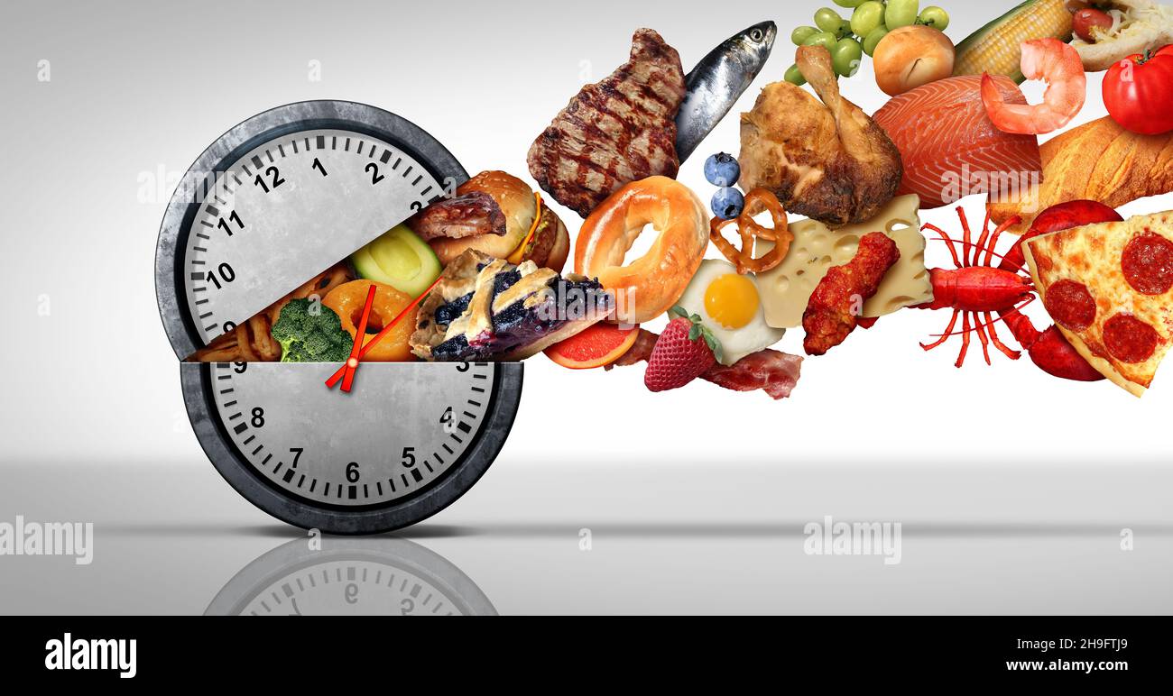 Intermittierendes Fastenkonzept und Kalorieneinschränkung oder Autophagie-Diät-Symbol Ernährungskonzept und Binge-Eating-Störung mit einem offenen Uhrensymbol. Stockfoto
