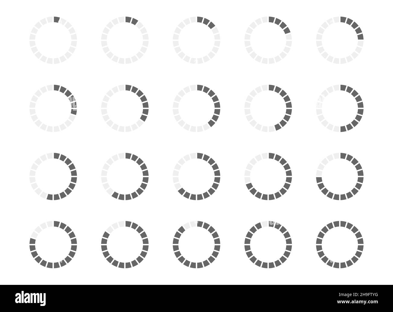 Rundladestange mit gefüllten 1 bis 20 Segmenten. Symbole für Fortschritt, Warten oder Laden gesetzt. Infografik Animation Elemente für Website-Schnittstelle. Vektorgrafik flach. Stock Vektor