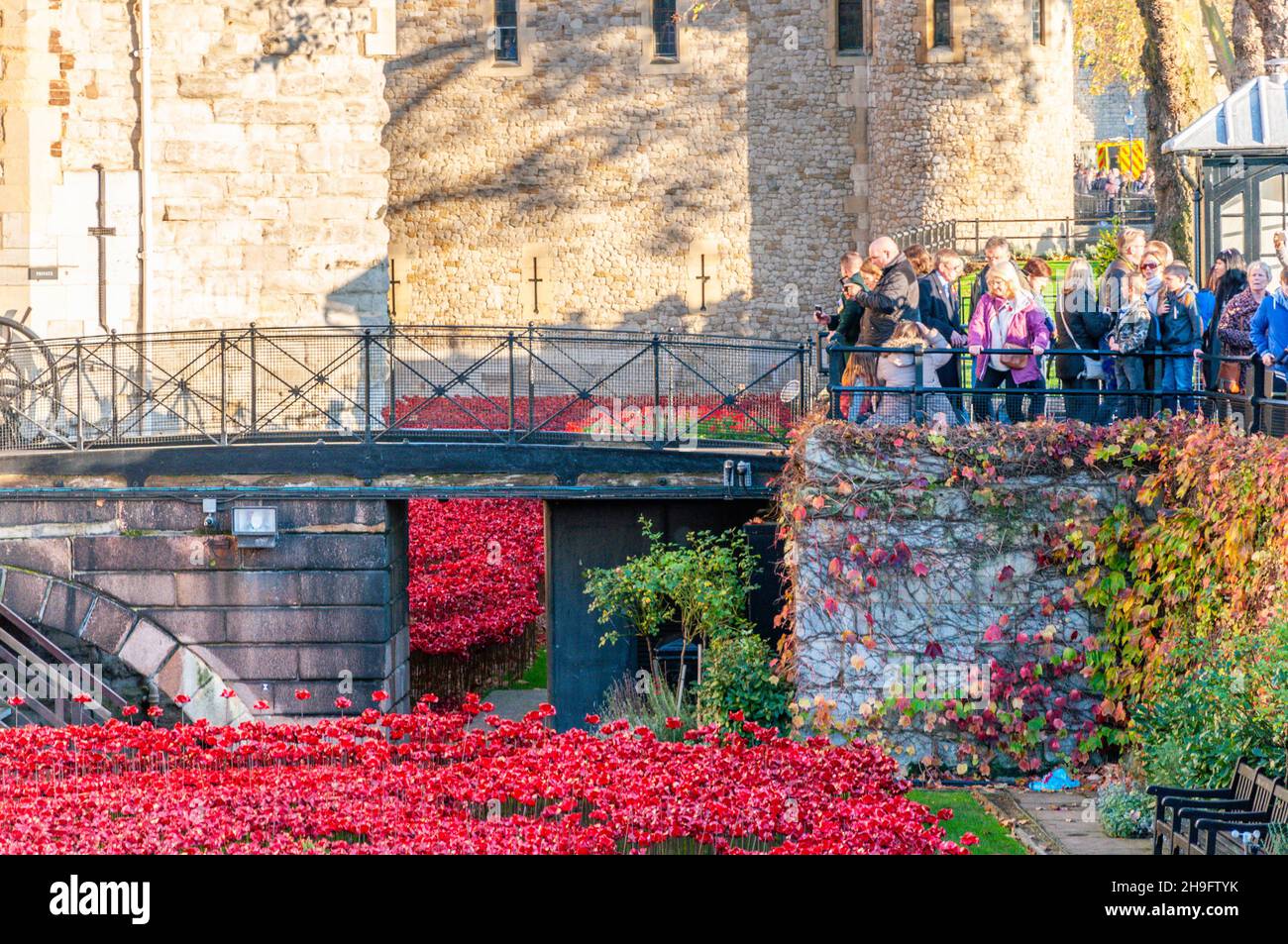 Blood Swept Lands and Seas of Red, eine 2014 im Graben des Tower of London anlässlich des 100. Jahrestages des Großen Krieges in Großbritannien installierte Installationskunst Stockfoto