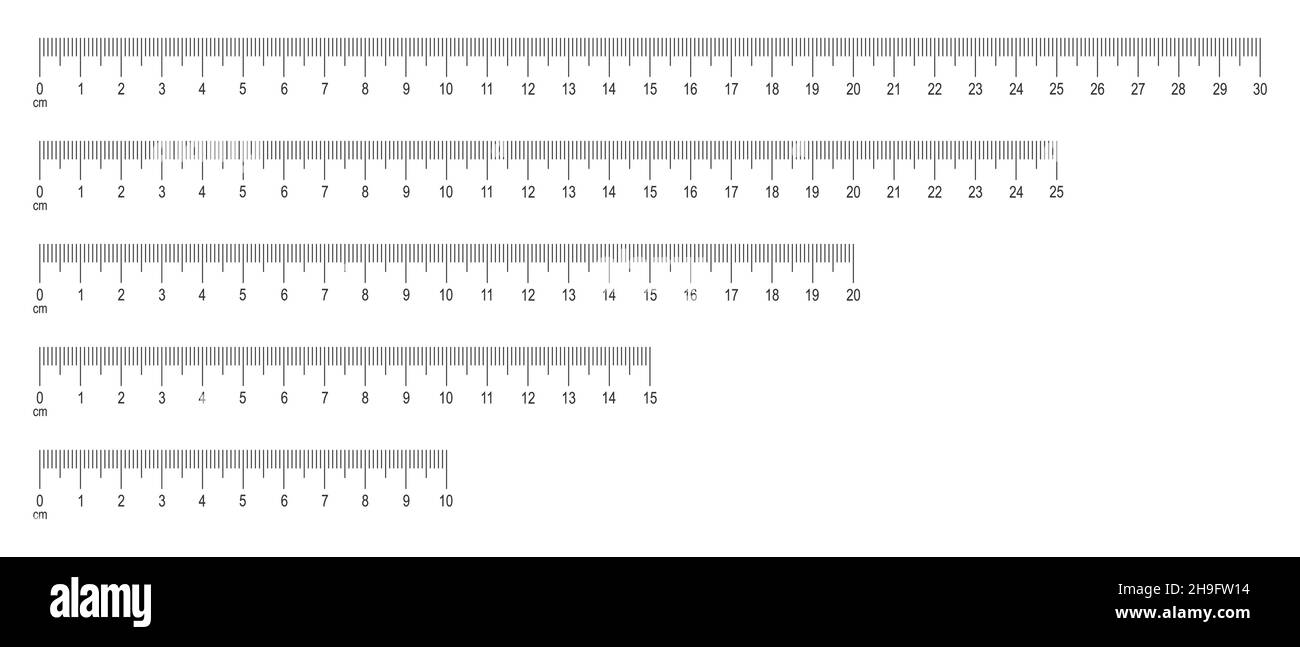 Maßstab des Lineals mit festgelegten Zahlen. Horizontales Messdiagramm mit 30, 25, 20, 25, 10 Zentimeter Markup. Math- oder Nähwerkzeug zur Messung von Distanz, Höhe oder Länge. Vektorgrafik. Stock Vektor
