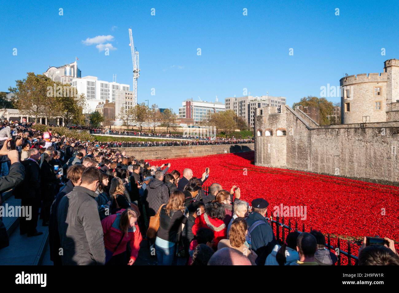 Blood Swept Lands and Seas of Red, eine 2014 im Graben des Tower of London anlässlich des 100. Jahrestages des Großen Krieges in Großbritannien installierte Installationskunst Stockfoto