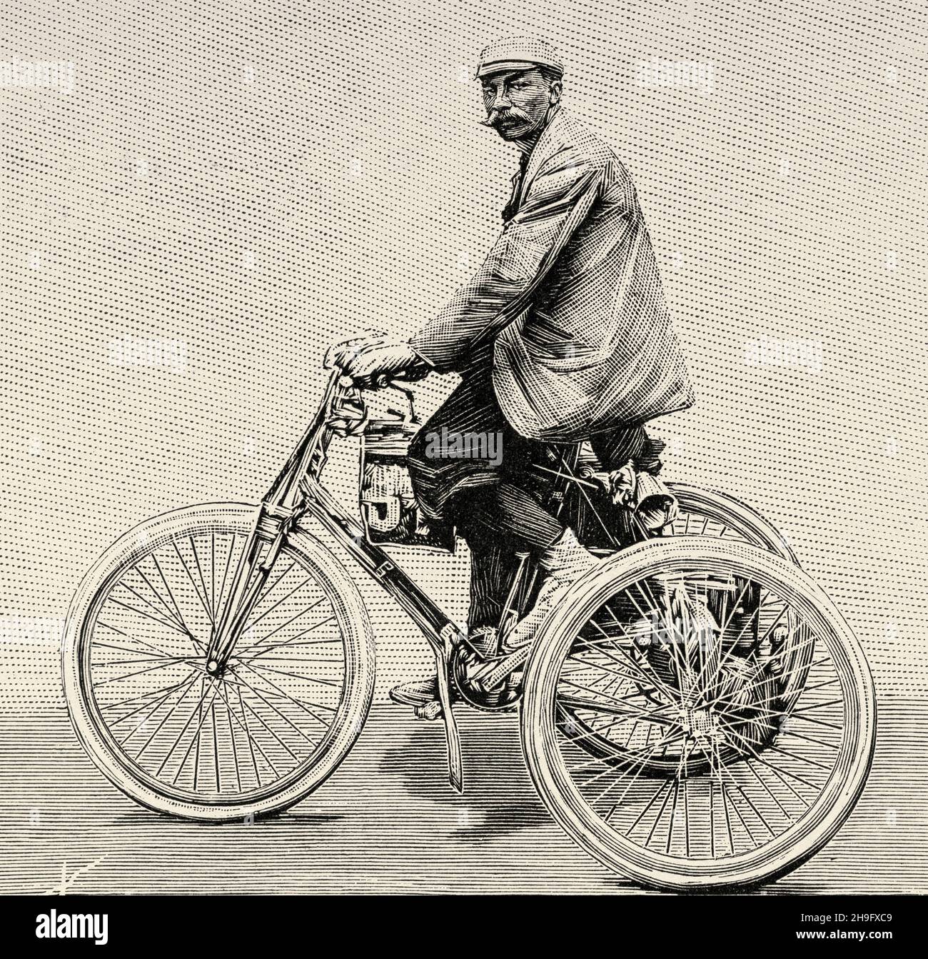 Das Dreirad hat einen Benzinmotor. Dion und Bouton Dreirad. Alte, gravierte Illustration aus dem 19. Jahrhundert von La Nature 1897 Stockfoto