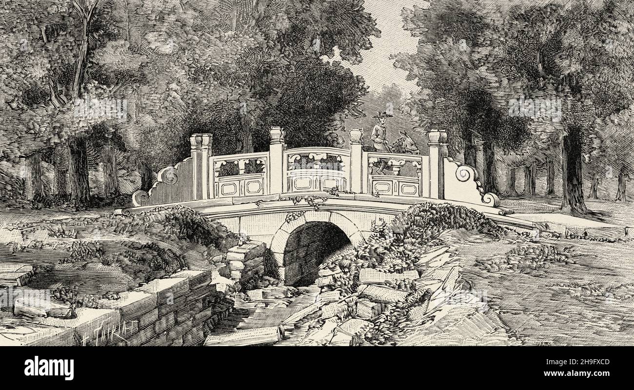 Chinesische Brücken. Marmorbrücke, die zum Hwang-ssu Tempel in der Nähe von Peking, China, führt. Asien. Alte, gravierte Illustration aus dem 19. Jahrhundert von La Nature 1897 Stockfoto
