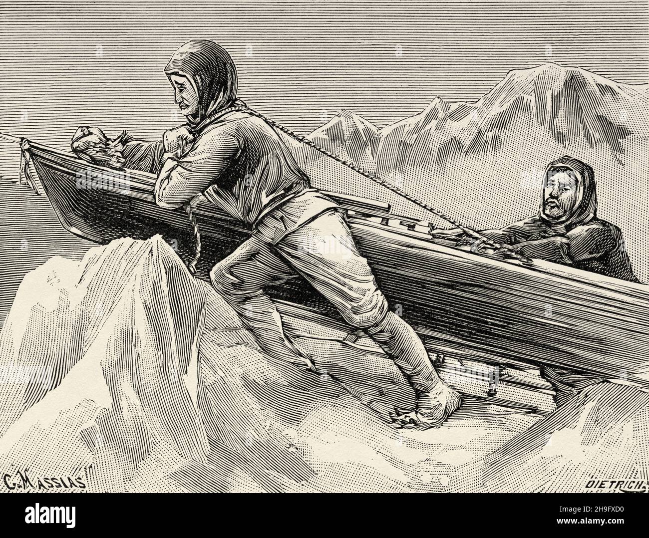 Die Überwinterung von Nansen und Johansen im Land von Franz Joseph I. Nansen und Johansen beim Kajakfahren. Alte, gravierte Illustration aus dem 19. Jahrhundert von La Nature 1897 Stockfoto