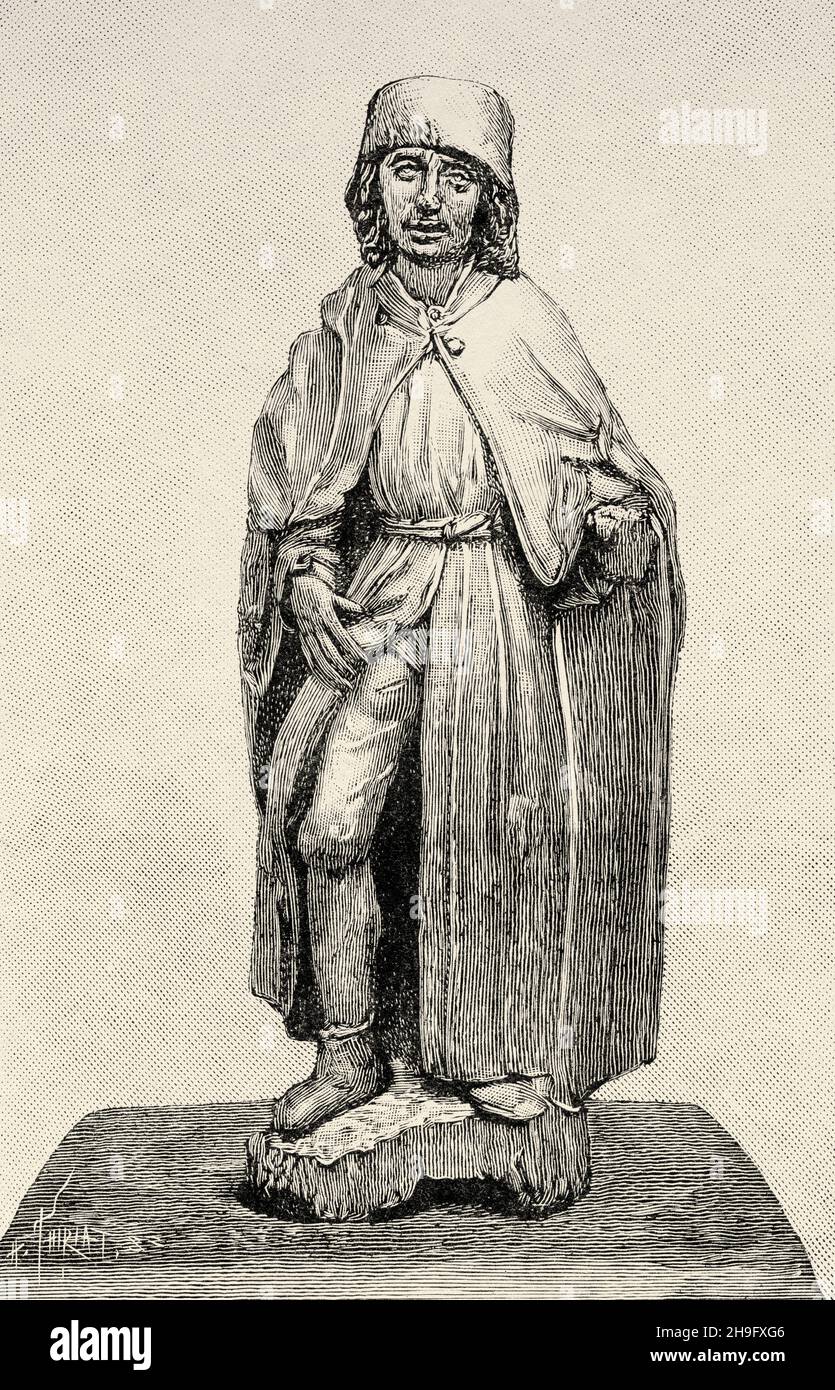 Holzstatue des heiligen Rochus mit den Stigmen der Pest. Alte, gravierte Illustration aus dem 19. Jahrhundert von La Nature 1897 Stockfoto