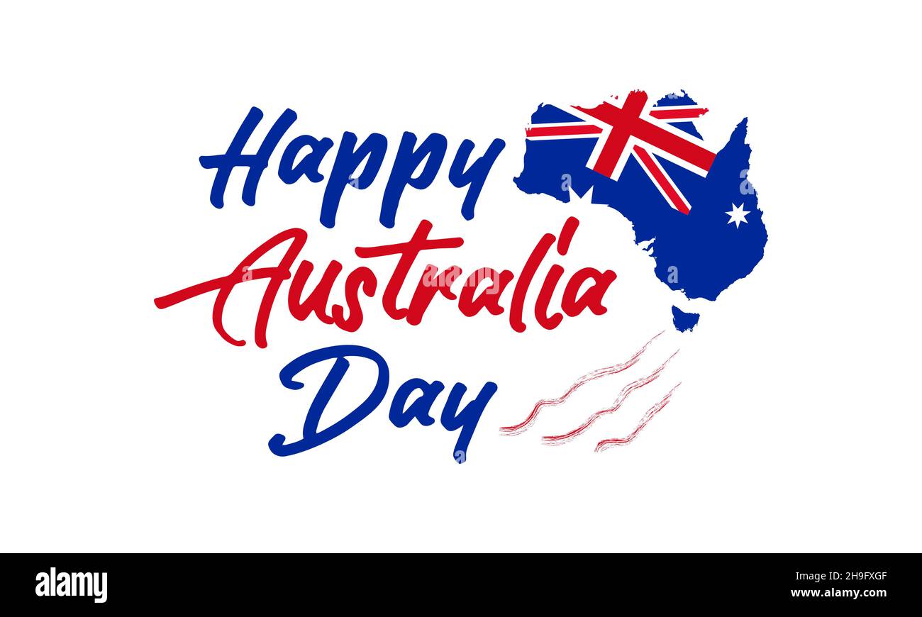 Schriftzug der Kalligraphie „Happy Australia Day“ auf der Karte. 26th Januar Australien Tag Banner mit Flagge Vektor Illustration. Stock Vektor