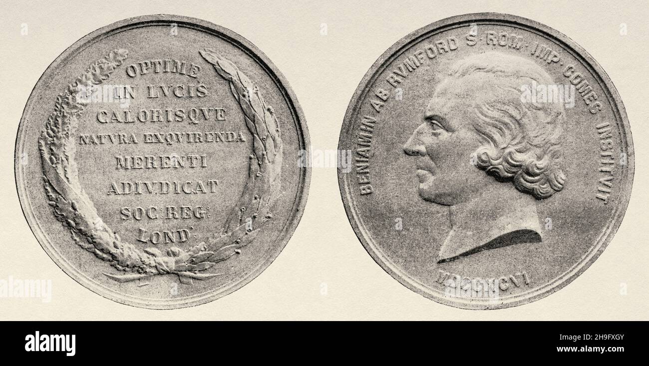 Rumford-Medaille, die von der Royal Society zum Gedenken an Benjamin Rumford geschaffen wurde. Alte, gravierte Illustration aus dem 19. Jahrhundert von La Nature 1897 Stockfoto