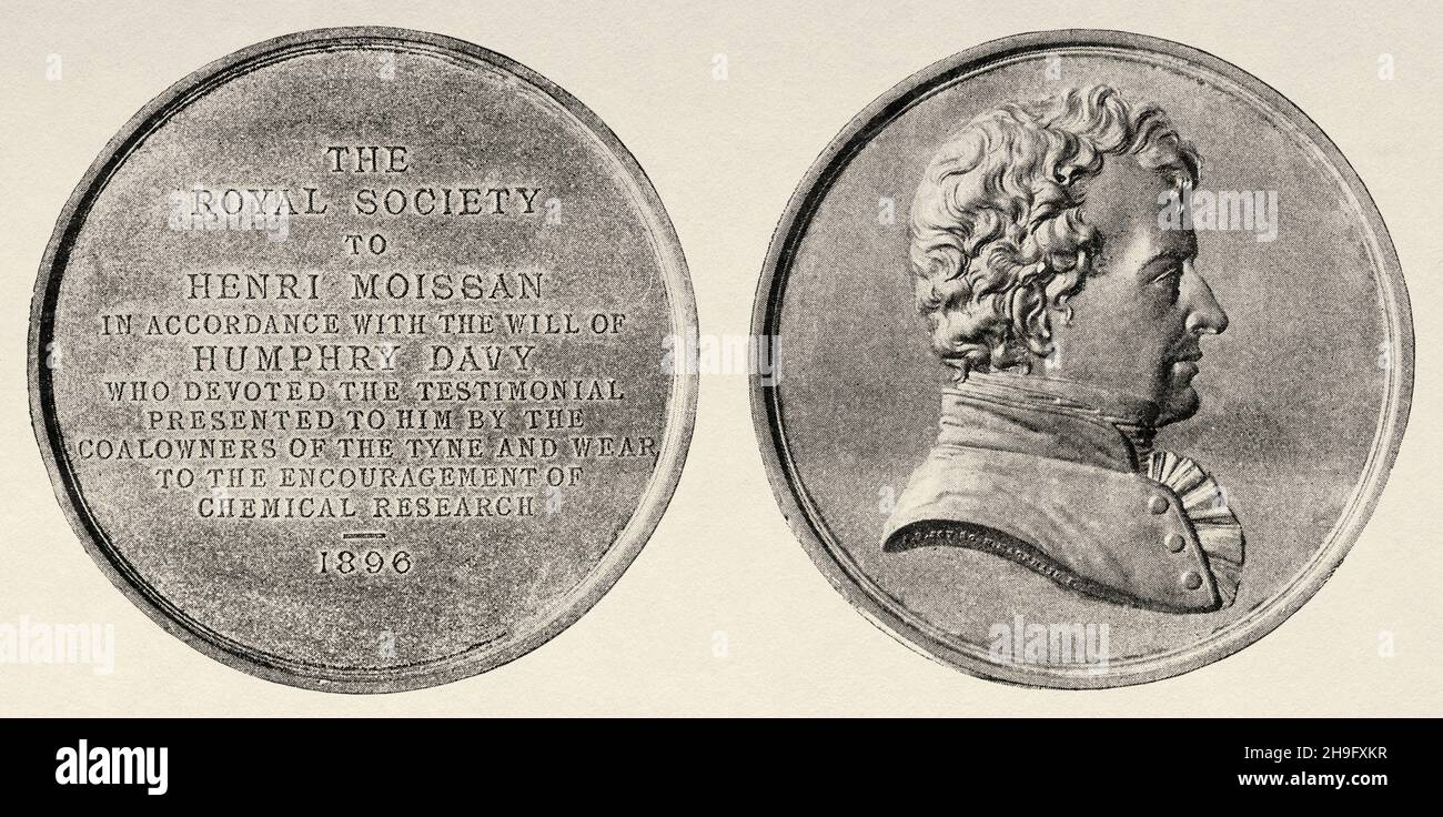 Davy-Medaille der Royal Society, die nach dem Willen von Humphry Davy geschaffen wurde. Alte, gravierte Illustration aus dem 19. Jahrhundert von La Nature 1897 Stockfoto