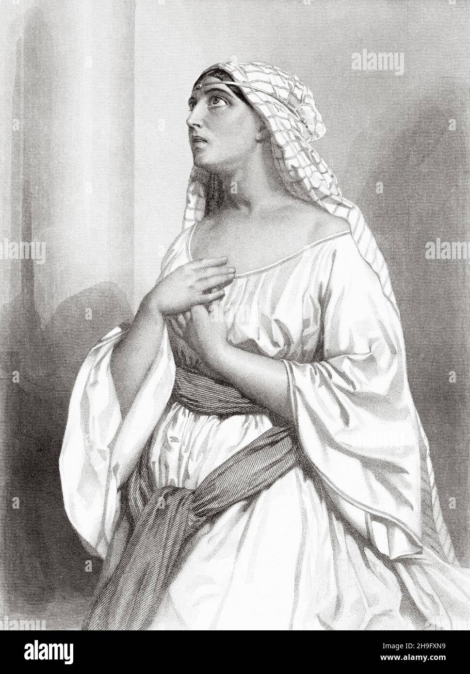 Hannah ist die Frau von Elkanah, die in den Büchern von Samuel erwähnt wird. Nach der Bibel war sie Samuels Mutter. Alte, gravierte Illustration aus dem 19th. Jahrhundert von Mugeres de la Biblia von Joaquin Roca y Cornet 1862 Stockfoto