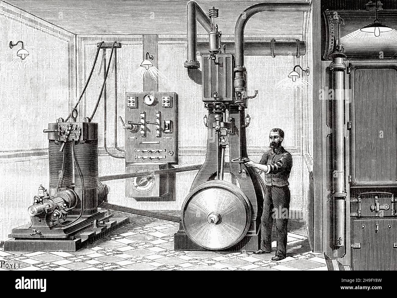 Elektrofabrik des Musée Grévin Paris, Frankreich. Alte, gravierte Illustration aus dem 19th. Jahrhundert von La Nature 1885 Stockfoto
