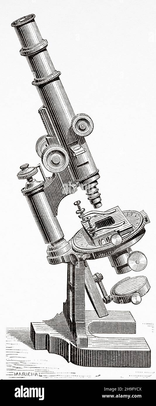 E Bertrand Petrographisches Mikroskop für die Analyse von Mineralien, gebaut von M Bezu. Alte, gravierte Illustration aus dem 19th. Jahrhundert von La Nature 1885 Stockfoto