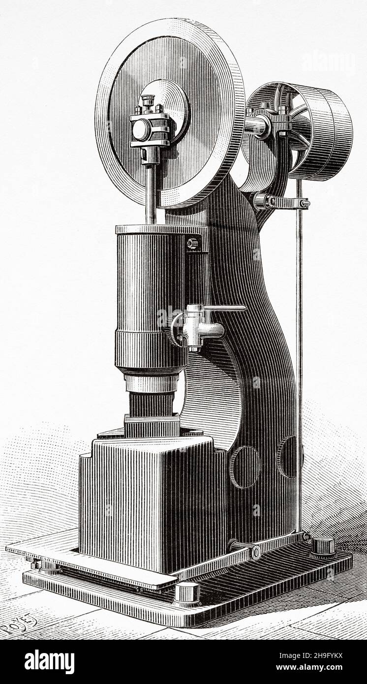 Pneumatisches Hammersystem. Alte, gravierte Illustration aus dem 19th. Jahrhundert von La Nature 1885 Stockfoto