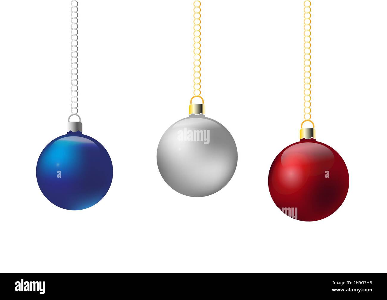 Drei rote, silberne und blaue Weihnachtskugeln. Grafische Ressourcen, Illustrationen. Weihnachtskugeln auf Gold- und Silberketten. Stockfoto
