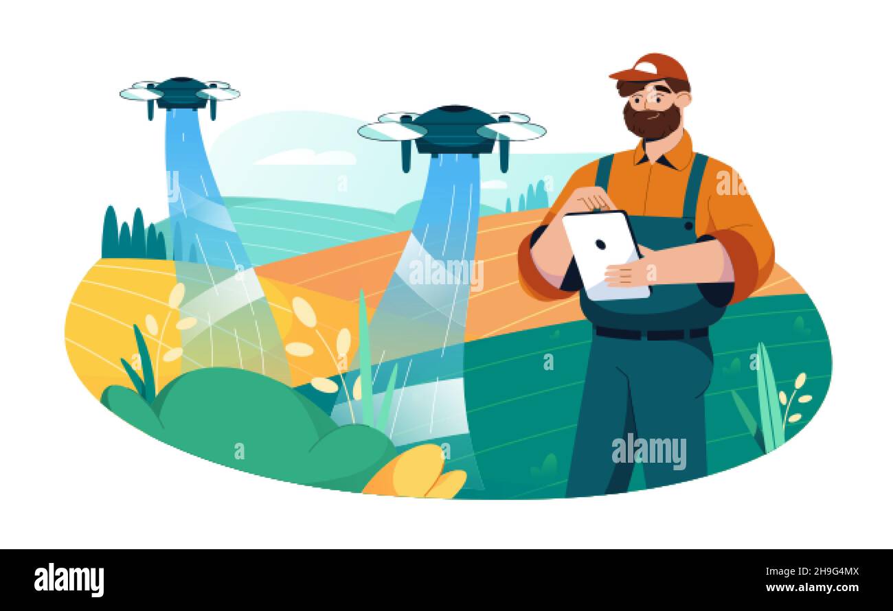 Flachbauer Verwenden Sie Tablet für die Steuerung Quadcopter Drohne, um die Bewässerung von landwirtschaftlichen Feldern zu automatisieren. Intelligente Landwirtschaft und Innovationstechnologie in der Landwirtschaft. Landwirtschaftliche Industrie, Sprühdünger-Konzept. Stock Vektor
