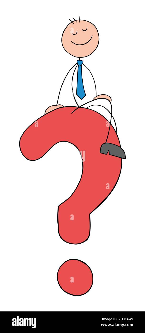 Der Geschäftsmann Stickman sitzt auf dem Fragezeichen und freut sich, das Problem gelöst zu haben. Handgezeichnete Skizze Cartoon Vektor Illustration. Stock Vektor