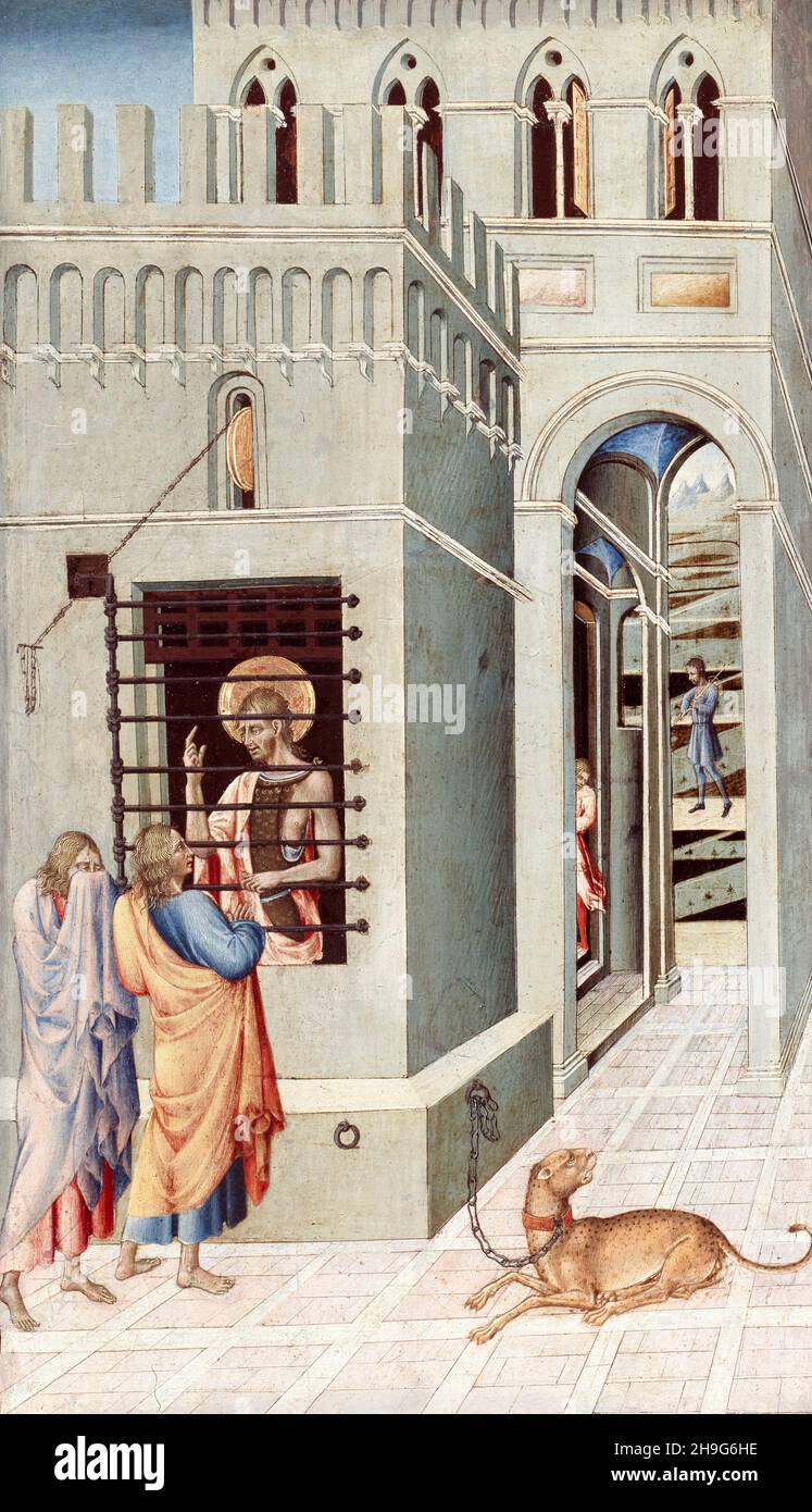 Giovanni di Paolo, Johannes der Täufer im Gefängnis besucht von zwei Jüngern, Malerei, 1455-1460 Stockfoto