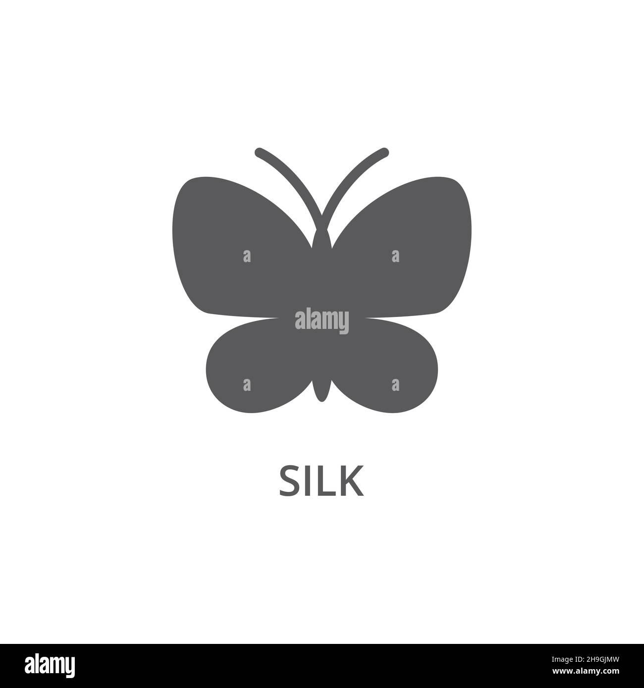 Vektorsymbol für Seidenstoff-Material. Seidenstoffe mit Schmetterlingsmotiv sind mit einem Labelsymbol versehen. Stock Vektor