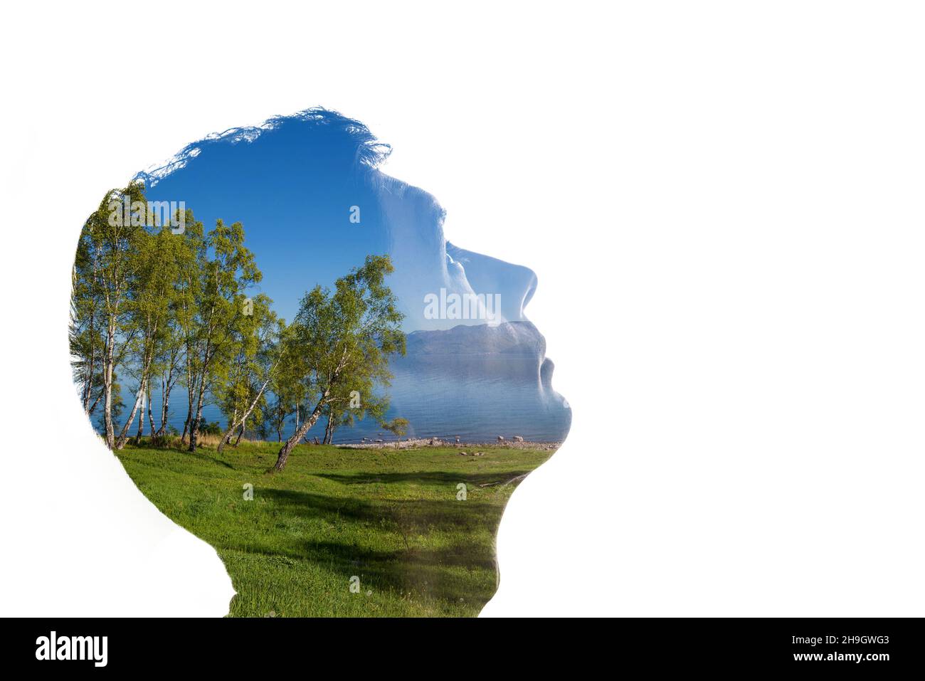 Kombination aus einer Silhouette eines Gesichts und einer Landschaft mit Bäumen, Gras, Himmel und Wasser. Konzept der Verbindung zwischen Mensch und Natur Stockfoto