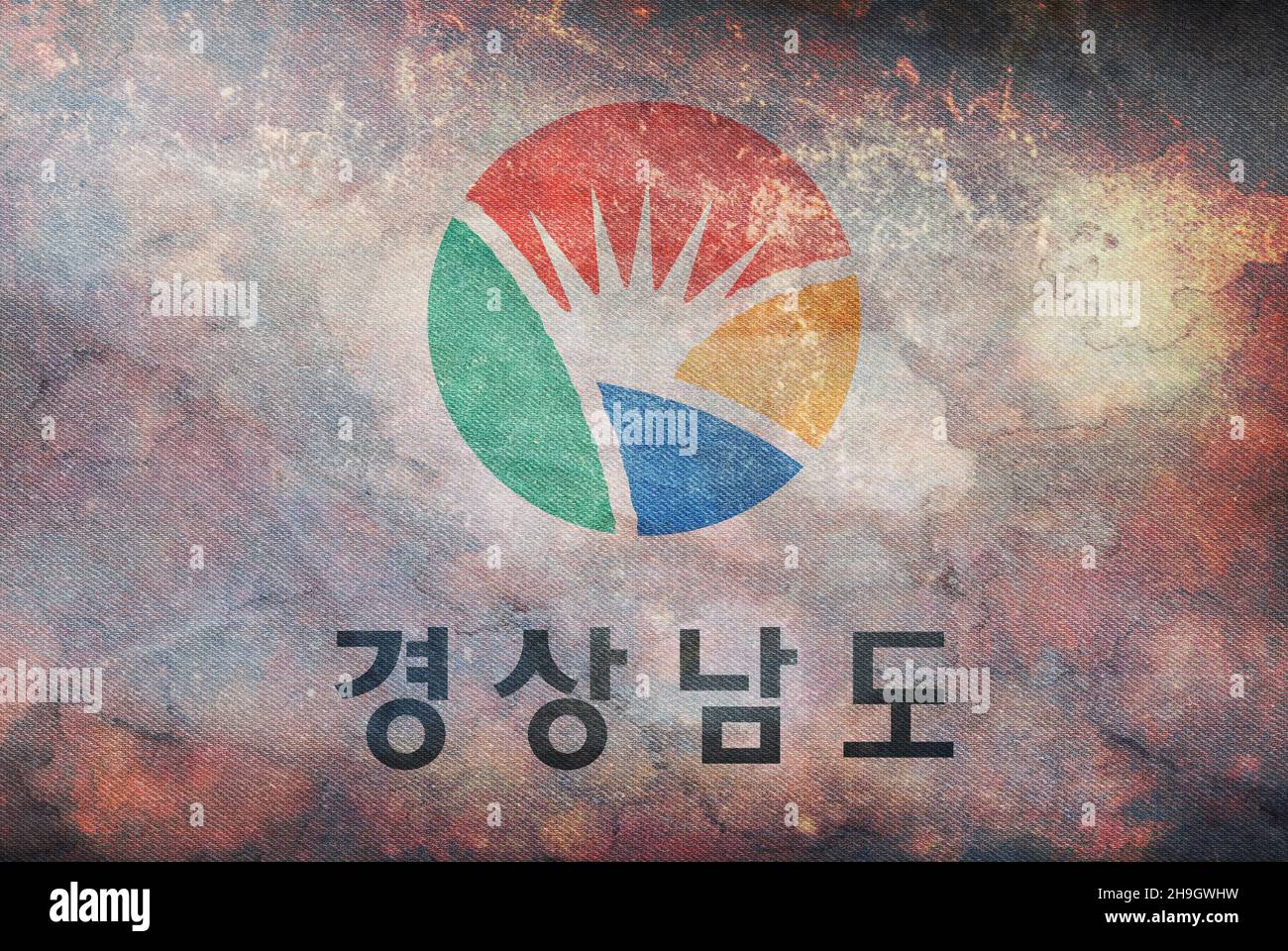 Draufsicht der Retro-Flagge Süd-Gyeongsang Provinz, Südkorea mit Grunge-Textur. koreanische Reise und Patriot-Konzept. Kein Fahnenmast. Layout der Ebenenkonstruktion Stockfoto