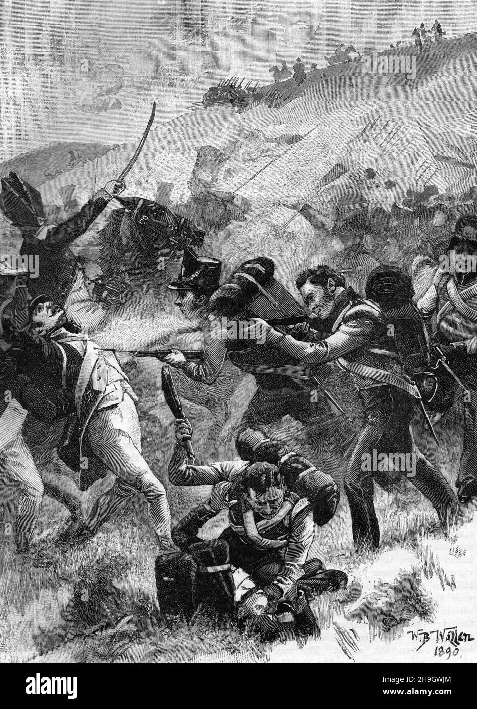 Schwarz-Weiß-Illustration: Die Fusiliers in der Schlacht von Albuera, 16th. Mai 1811, während der Peninsular-Kriege Stockfoto