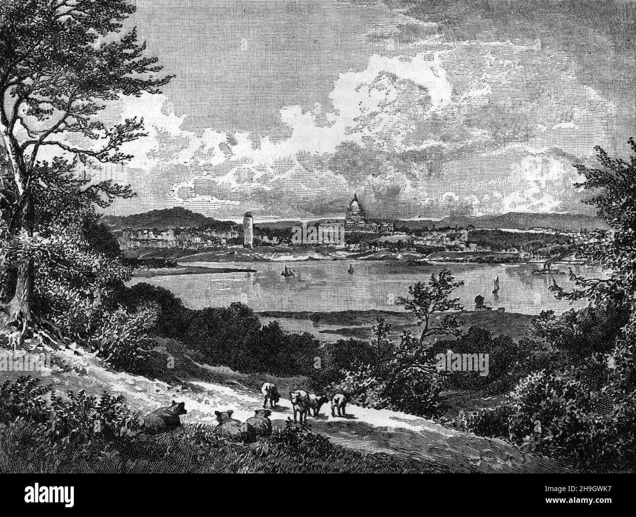 Ansicht von Washington von Arlington Heights um 1812: Schwarz-Weiß-Illustration Stockfoto