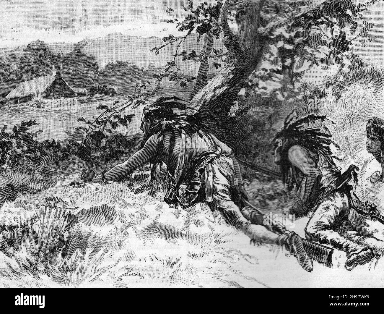 Amerikanische Invasion Kanadas 1812: Rote Männer auf dem Kriegspfad; Schwarz-Weiß-Illustration Stockfoto