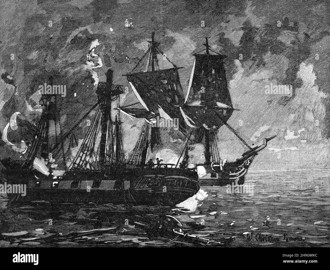 Duell zwischen der Guerriere und der Verfassung; Krieg von 1812; Schwarz-Weiß-Illustration Stockfoto