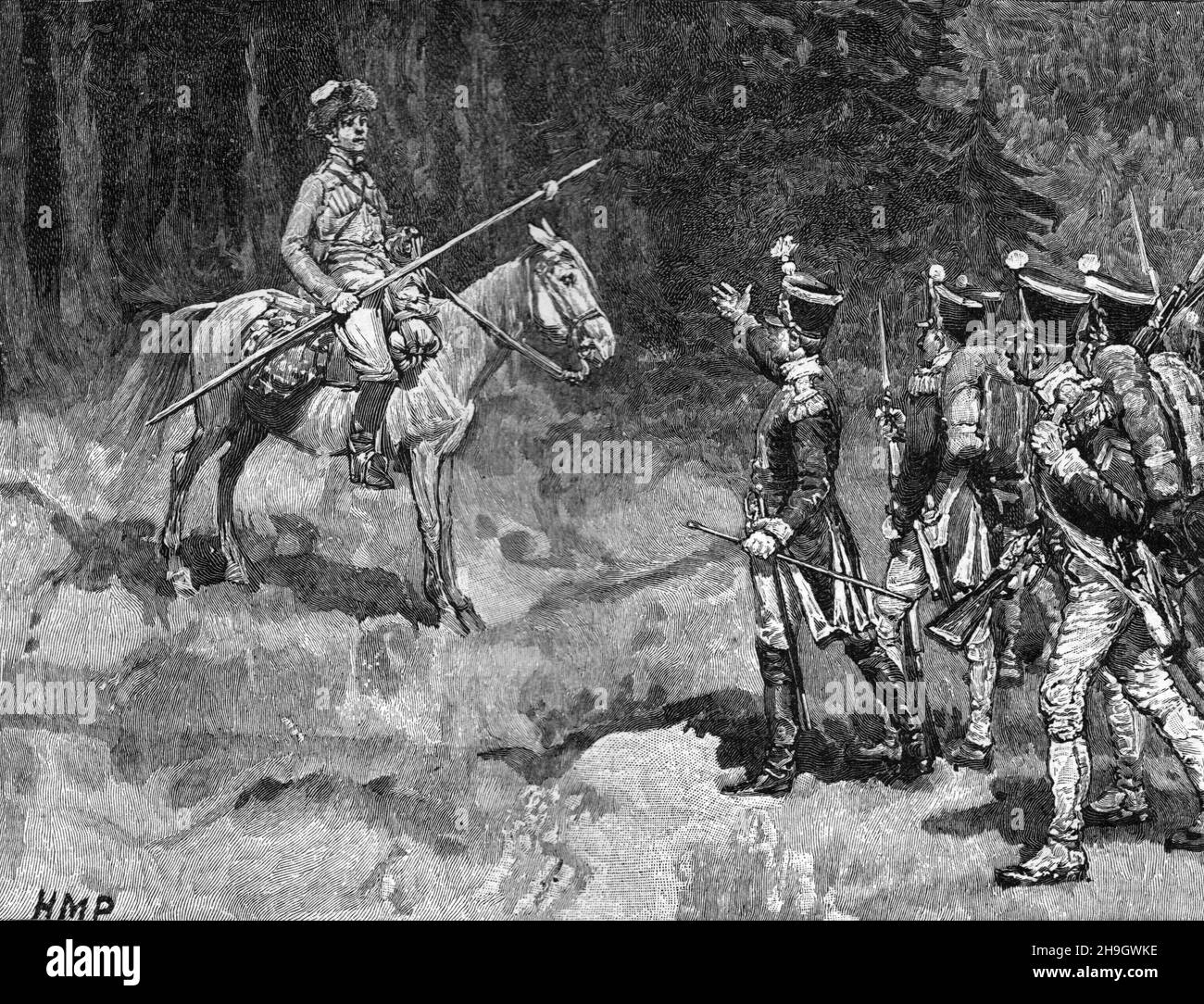 Die Herausforderung des Kosaken; Krieg zwischen Frankreich und Russland; 1812; Schwarz-Weiß-Illustration Stockfoto