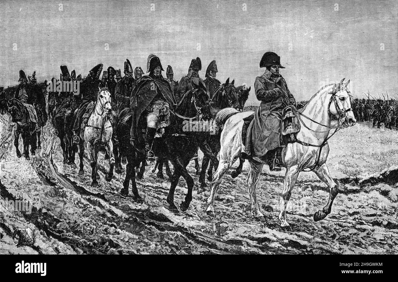 Napoleons Rückzug aus Moskau, 1812; Schwarz-Weiß-Illustration Stockfoto