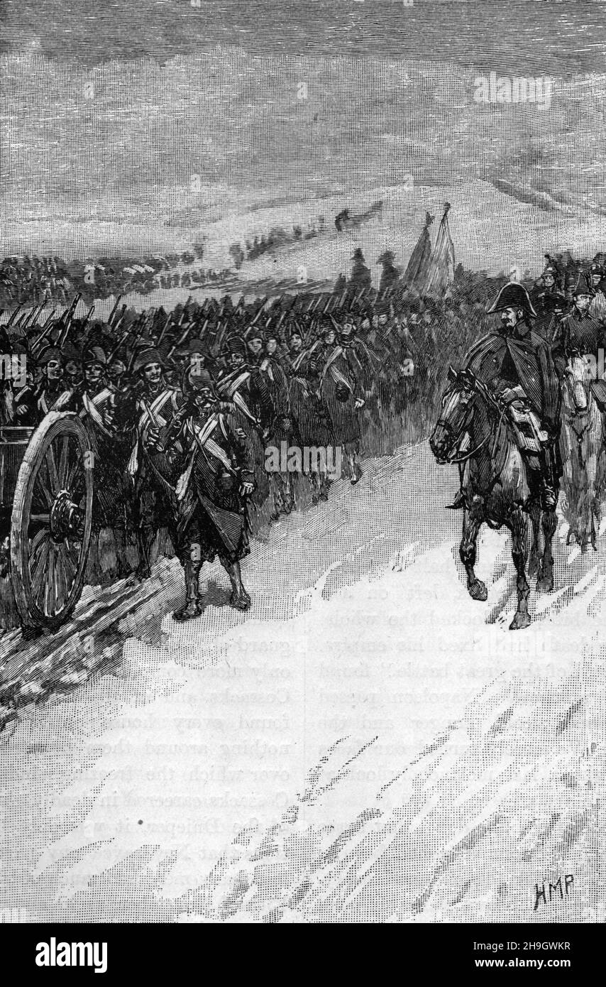 Rückzug der französischen Armee aus Moskau; französisch-russischer Krieg, 1812; Schwarz-Weiß-Illustration Stockfoto
