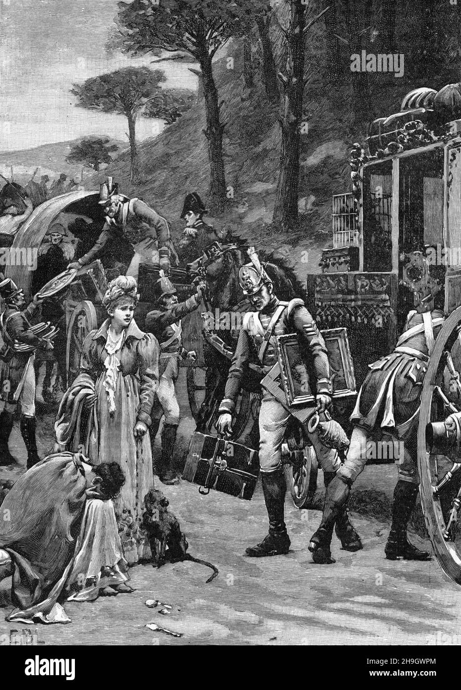 Die Flucht von König Joseph Bonaparte aus Vittoria, 1813. Schwarz-Weiß-Illustration Stockfoto