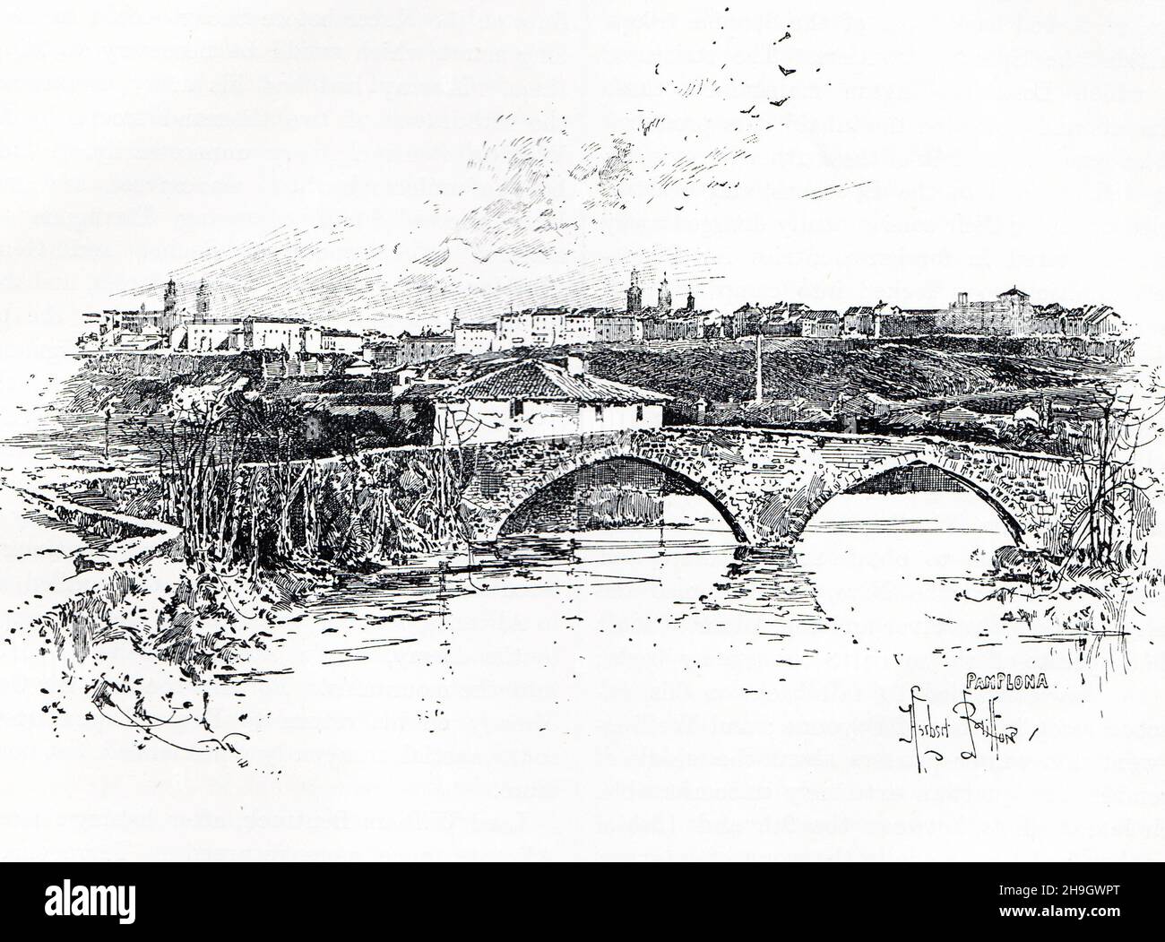 Pamplona oder Pampeluna zur Zeit der Peninsula-Kriege; Schwarz-Weiß-Illustration Stockfoto
