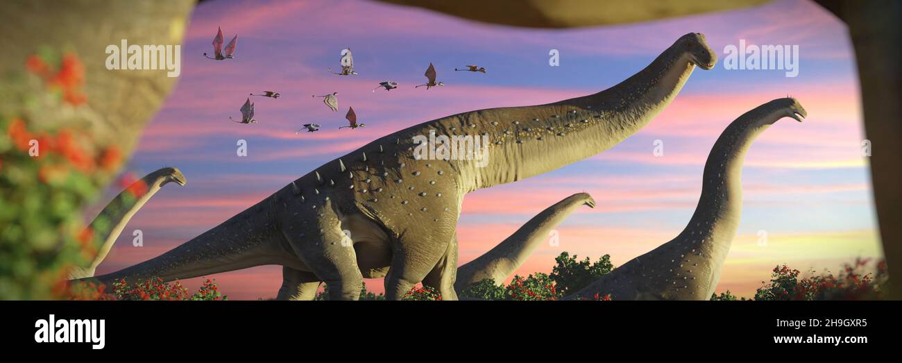 Alamosaurus, eine Gruppe von Dinosauriern aus der späten Kreidezeit Stockfoto