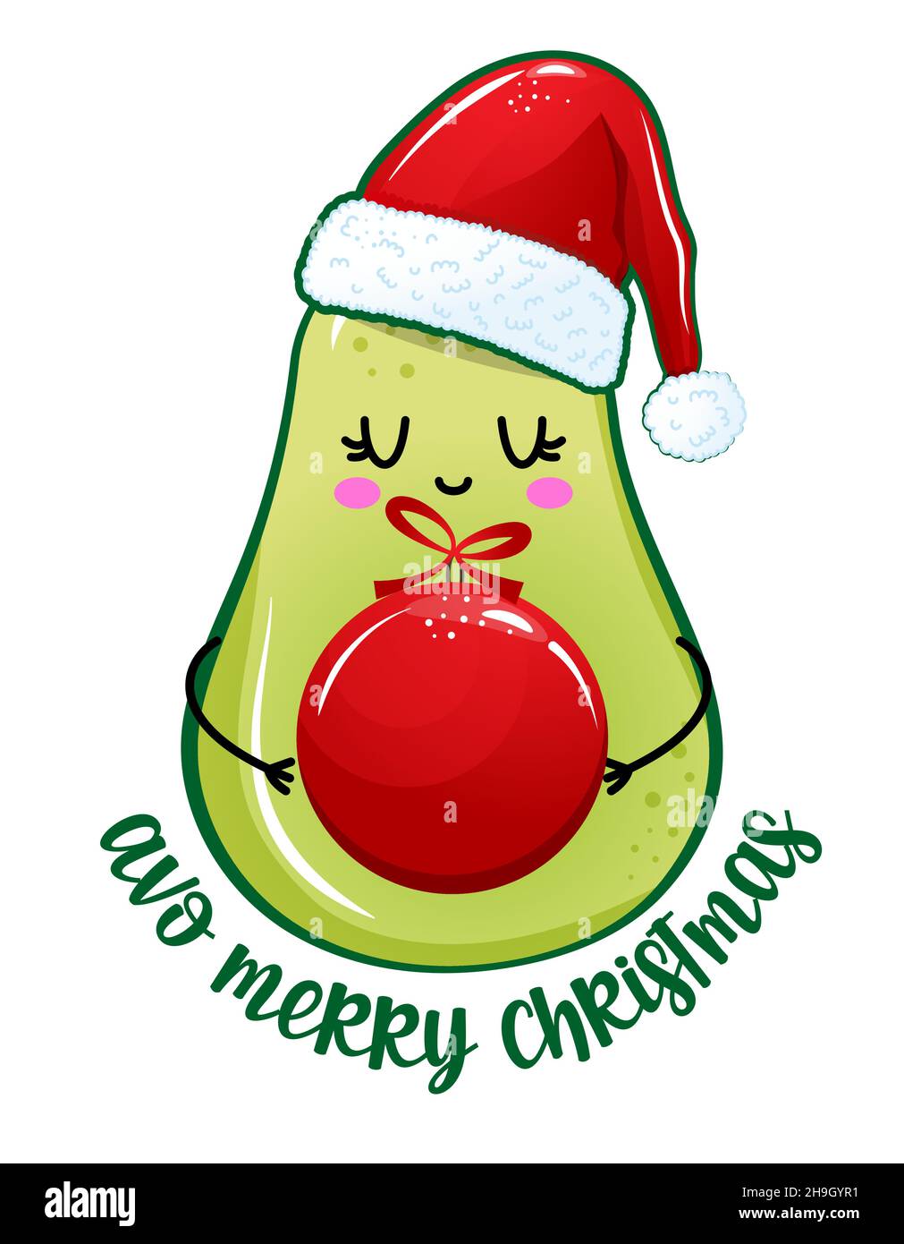 AVO fröhliche Avocado-Figur mit weihnachtsmütze und Weihnachtskugel. Illustration zum frohen neuen Jahr. Handgefertigter Lettering-Druck. Gut für Drucke auf T-Shirt und B Stock Vektor