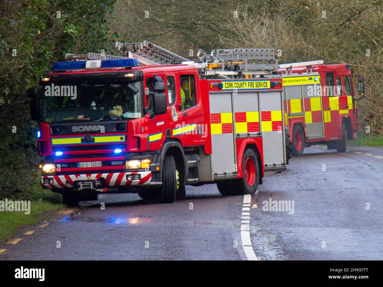 Irish Fire Brigade Clearing blocked Road nach Storm Barra. Stockfoto