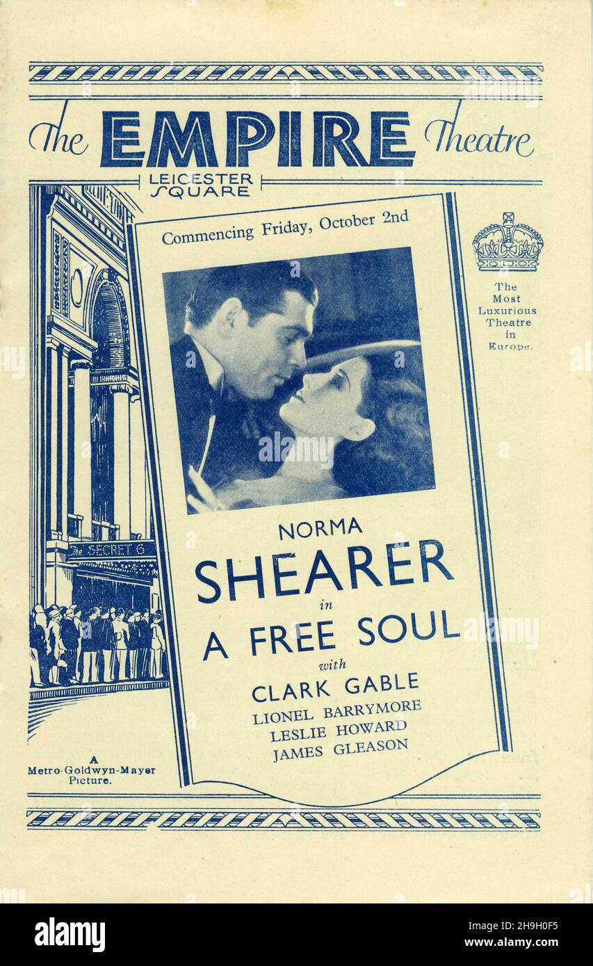 Britisches Programm für NORMA SHEARER und CLARK GABLE in A FREE SOUL 1931 Regisseur CLARENCE BROWN Buch Adela Rogers St. Johns Metro Goldwyn Mayer Stockfoto