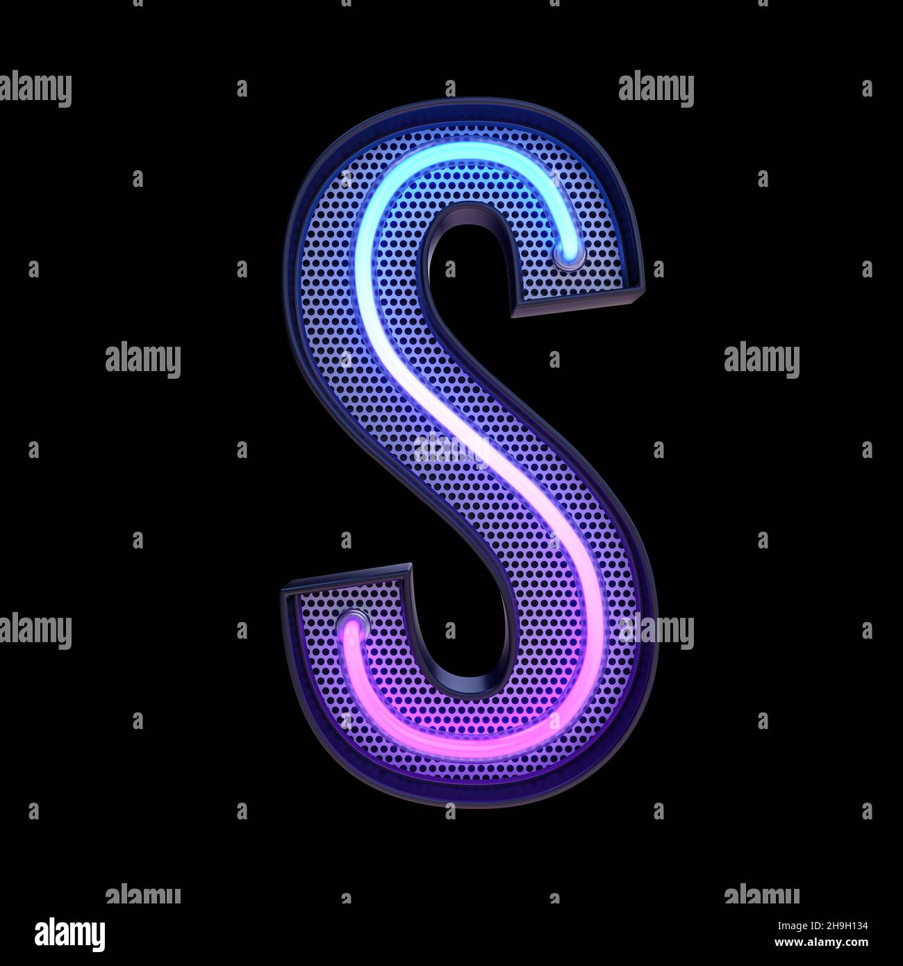 Neon retro Licht Alphabet Buchstabe S isoliert auf einem schwarzen Hintergrund mit Clipping Path. 3D Abbildung. Stockfoto