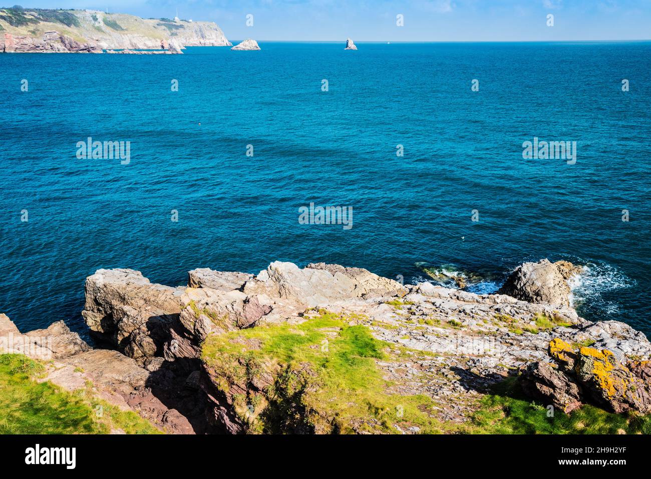 Blick auf St. Mary's Bay, Darl Head und Berry Head bei Brixham in Devon vom South West Coast Path mit Darl Rock, Mew Stone und Cod Rock Stockfoto