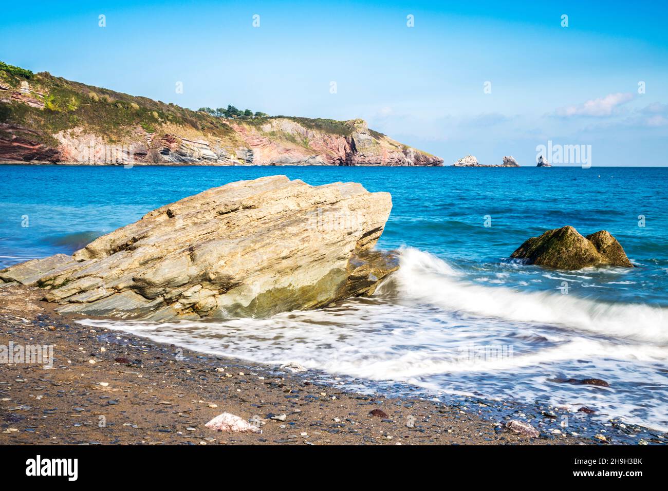 Blick von der St. Mary's Bay in Richtung Berry Head bei Brixham in Devon. Darl Rock, Mew Stone und Cod Rock liegen direkt vor der Küste. Stockfoto