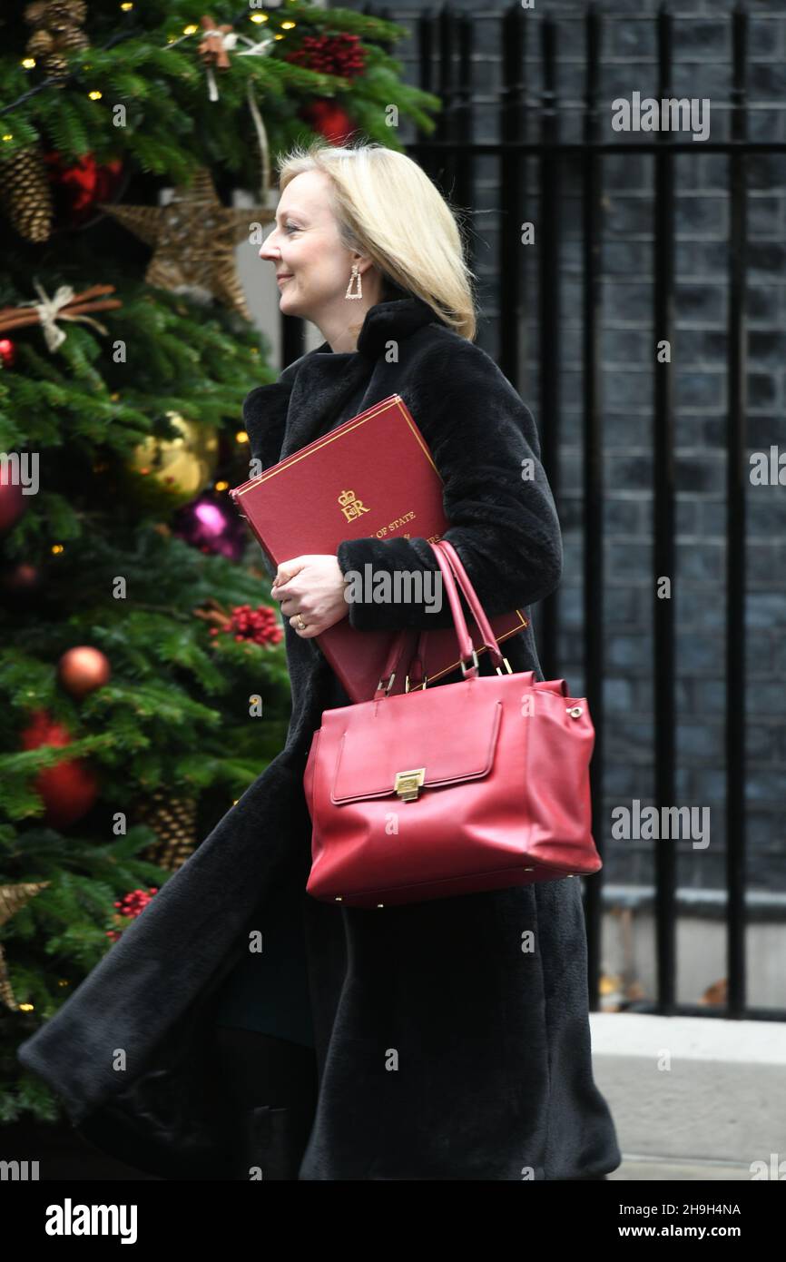 Downing Street, London, Großbritannien. 7. Dezember 2021. Elizabeth Truss MP, Ministerin für auswärtige Angelegenheiten, Commonwealth- und Entwicklungsfragen, Ministerin für Frauen und Qualitäten in der Downing Street zu einem wöchentlichen Kabinettstreffen. Quelle: Malcolm Park/Alamy Live News. Stockfoto