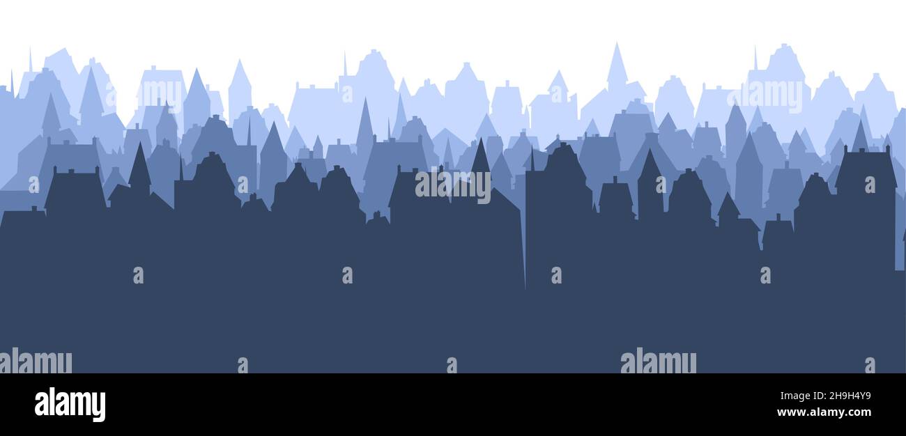 Kleine Stadt Straßen Silhouette. Dächer von Häusern. Landschaft auf dem Land. Flacher Cartoon-Stil. Nahtlose Illustration. Isoliert auf weißem Hintergrund. Vektorgrafiken Stock Vektor