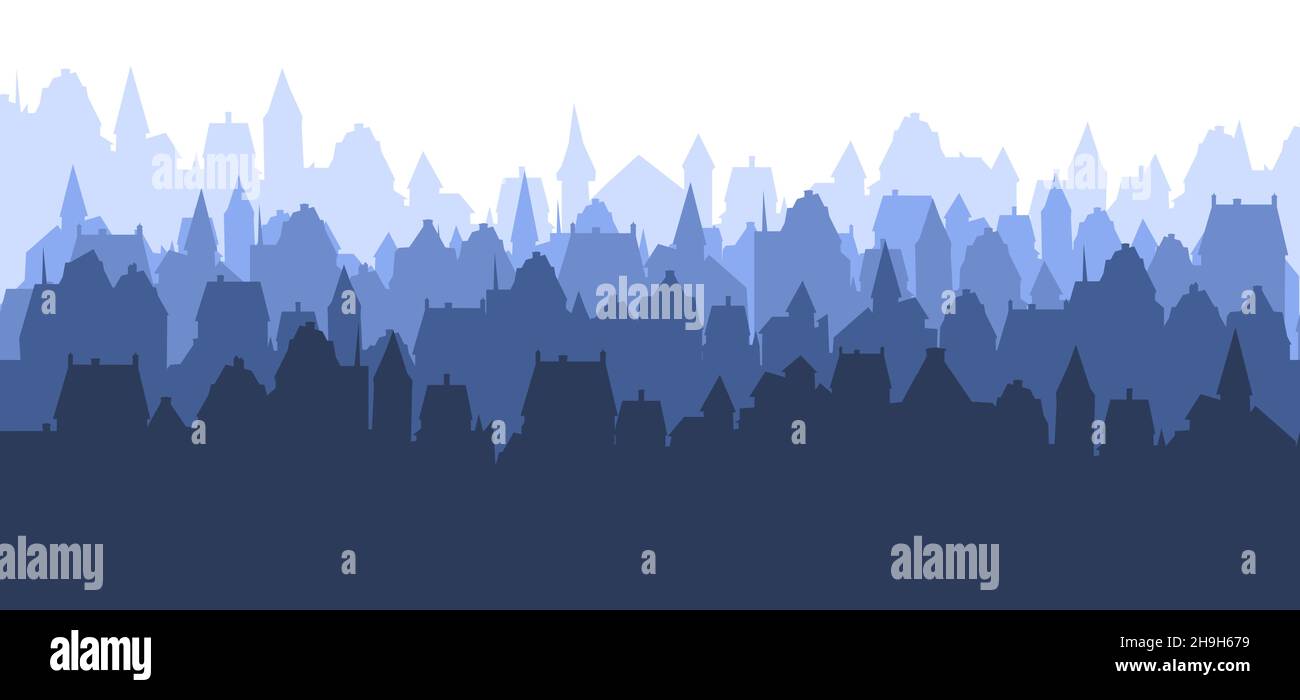 Kleine Stadt Straßen Silhouette. Dächer von Häusern. Landschaft auf dem Land. Flacher Cartoon-Stil. Nahtlose Illustration. Isoliert auf weißem Hintergrund. Vektorgrafiken Stock Vektor
