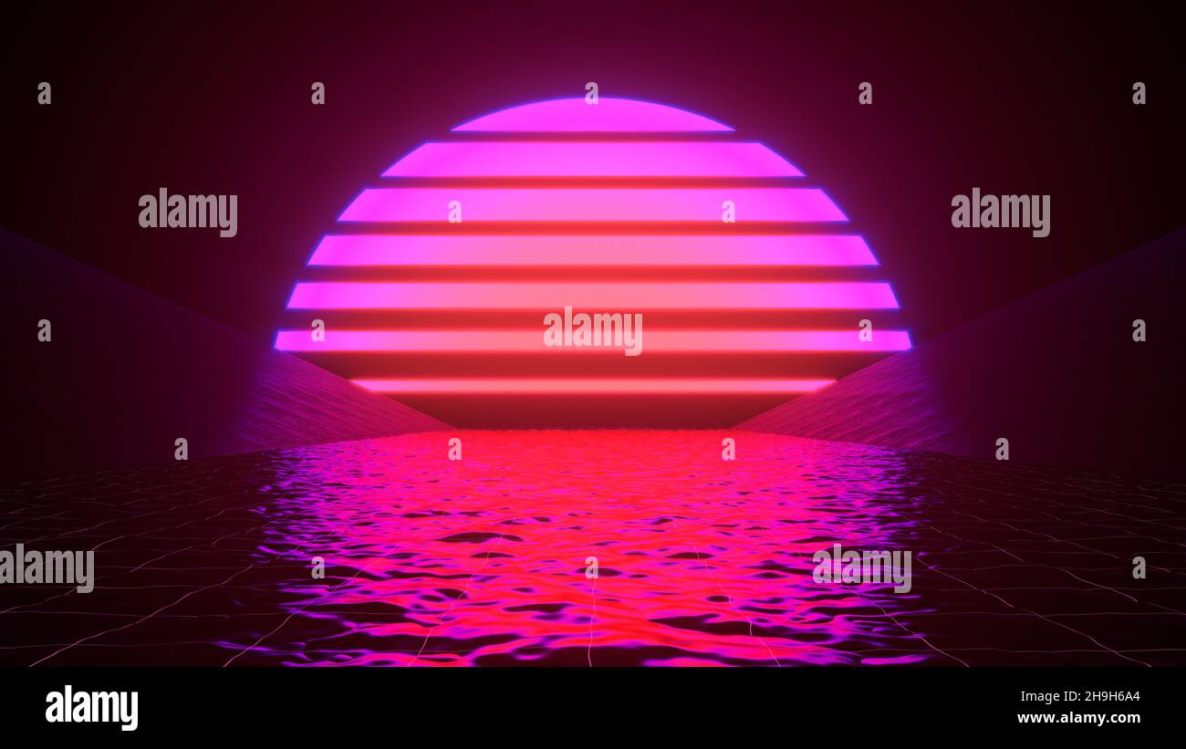 Leuchtende Neonsonne mit Reflexen in der Wasseroberfläche. Abstrakter Hintergrund, Wellen, ultraviolett, Spektrum lebendige Farben, Laser-Show. 3D Grafikwiedergabe Stockfoto