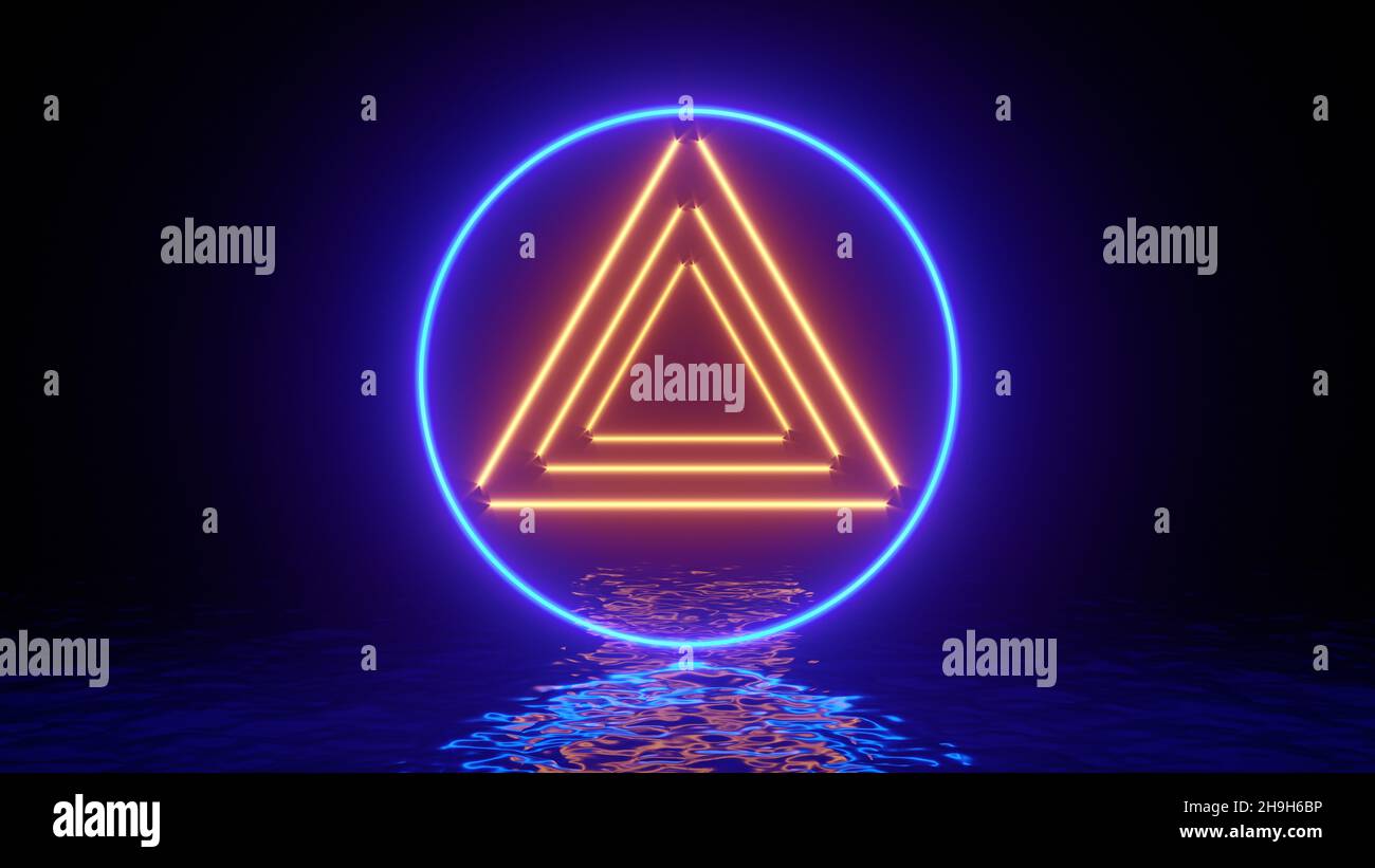 Leuchtendes Neon-Dreieck mit Reflexionen in der Wasseroberfläche. Abstrakter Hintergrund, Wellen, ultraviolett, Spektrum lebendige Farben, Laser-Show. 3D Render illus Stockfoto