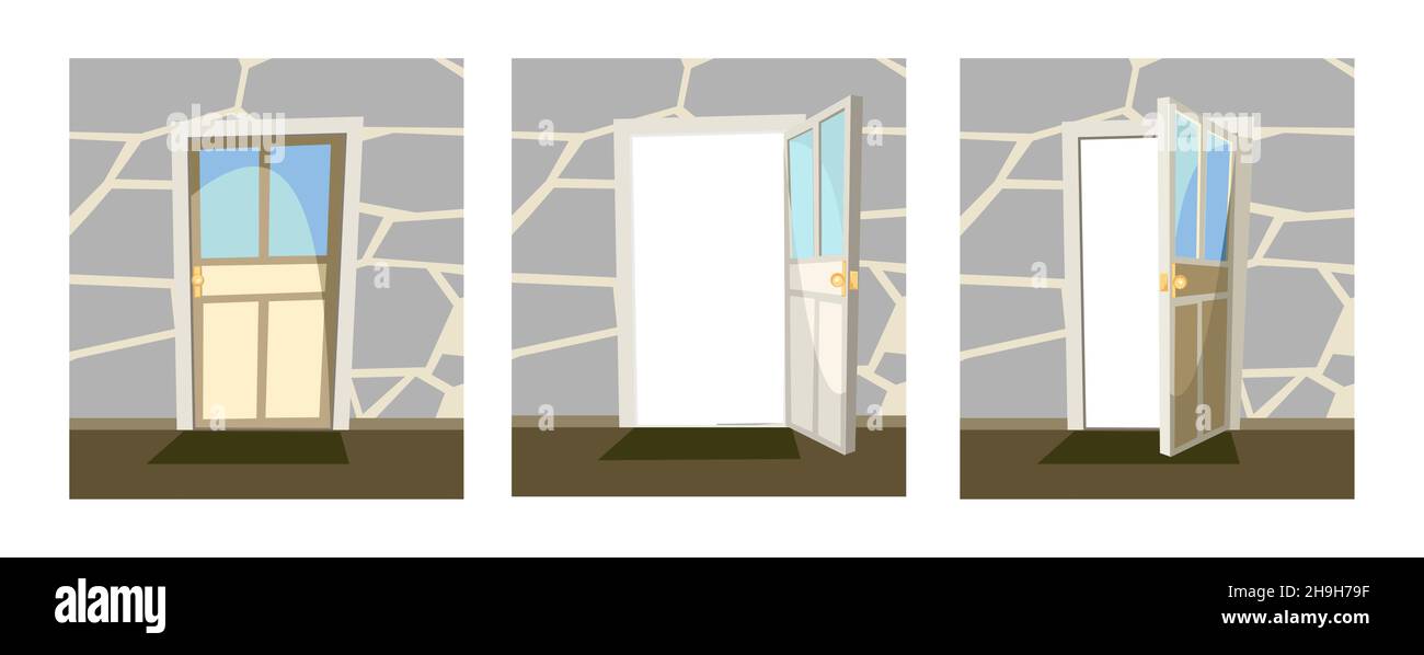 Türensatz. Offen, halb ajar und verschlossen. Von der Innenseite des Raumes zu Hause. Steinmauer. Der Weg ist offen. Cartoon-Stil. Vektor Stock Vektor
