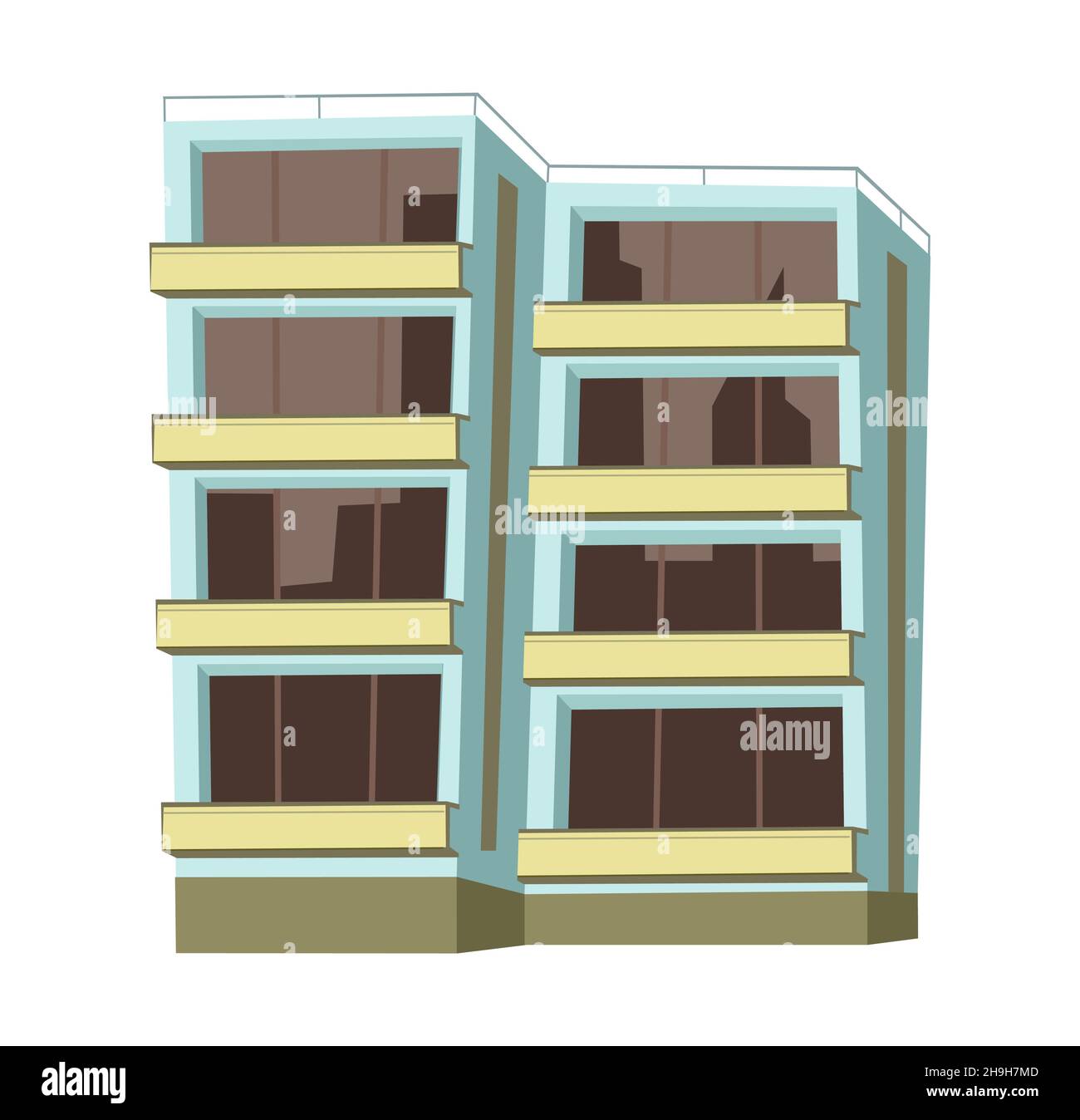 Stadtgebäude. Cartoon-Spaß flach Stil. Isoliert auf weißem Hintergrund. Wohngebäude mit Fenstern und Balkonen. Vektor. Stock Vektor