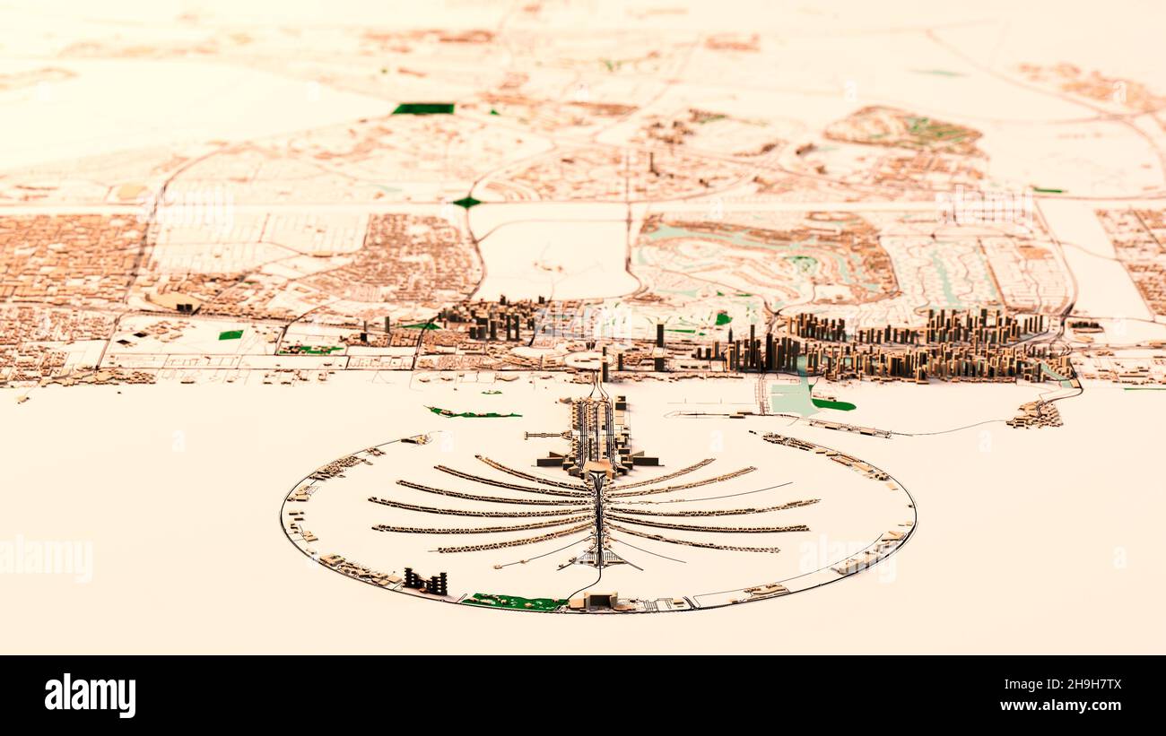 Satellitenbildkarte von Dubai, Vereinigte Arabische Emirate, Straßen der Stadt. Paläste, Gebäude. 3D Rendern. Palm Islands. Palm Jumeirah. Stadtplan und Stadtzentrum Stockfoto