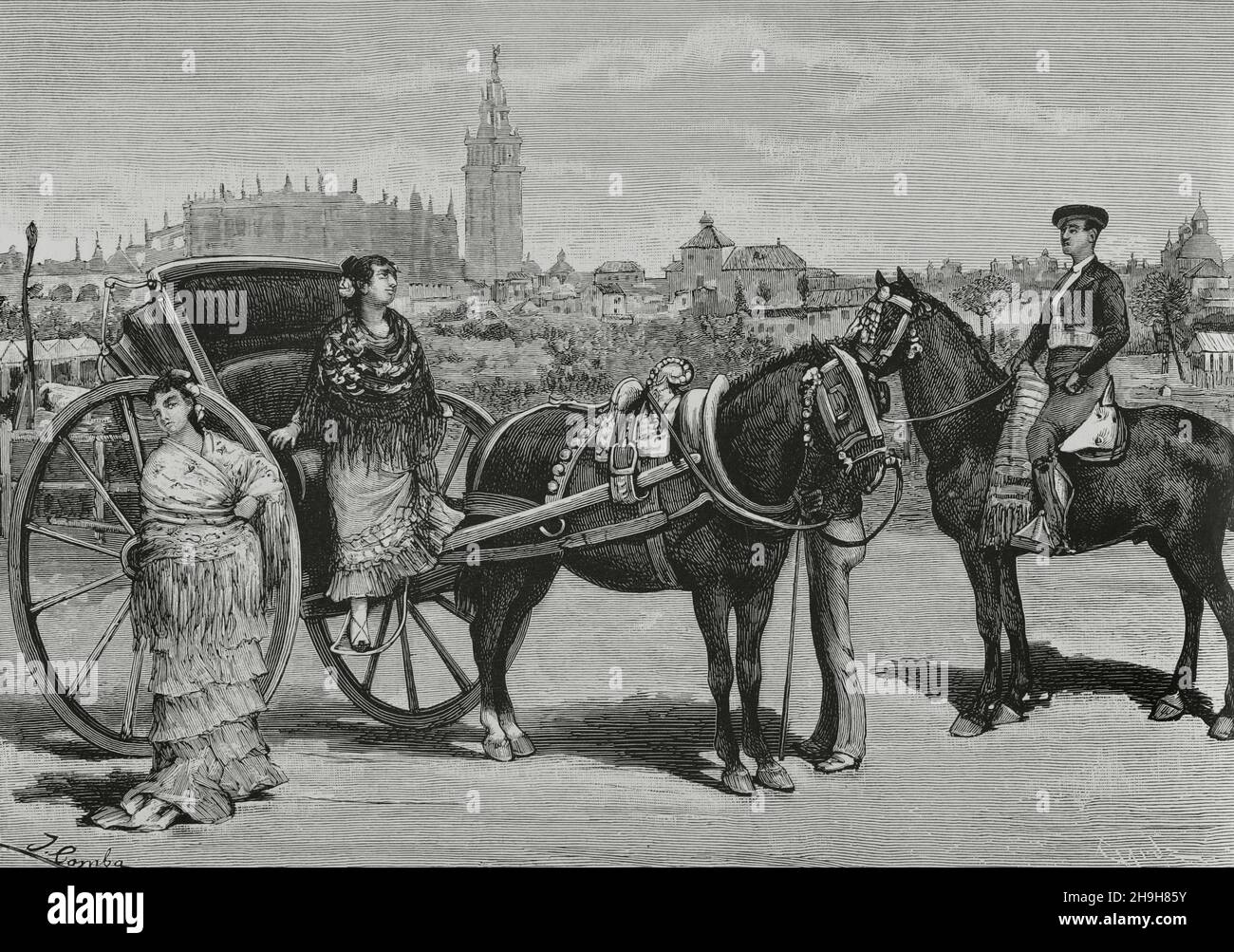 Spanien, Andalusien, Sevilla. Traditionelle „Calesa“ (Pferdekutsche). Illustration von Juan Comba. Gravur von Capuz. La llustración Española y Americana, 1882. Stockfoto